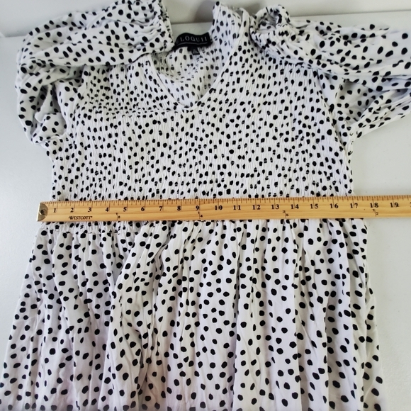 Eloquii Polka Dot Ruffle Hem Dress Size 14 Smocked Bodice Flowy V-Neck Feminine - Picture 9 of 15